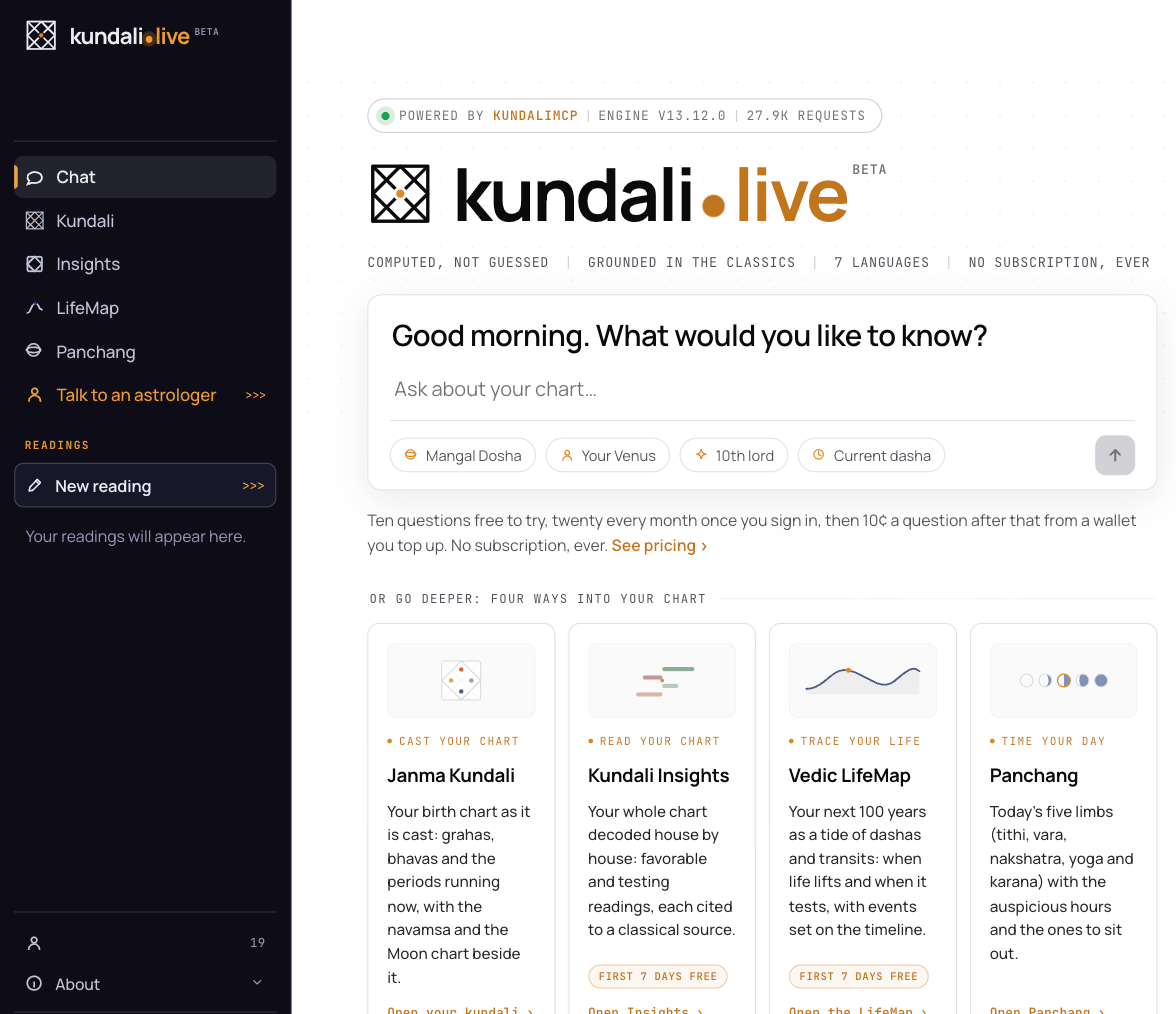 The kundali.live homepage